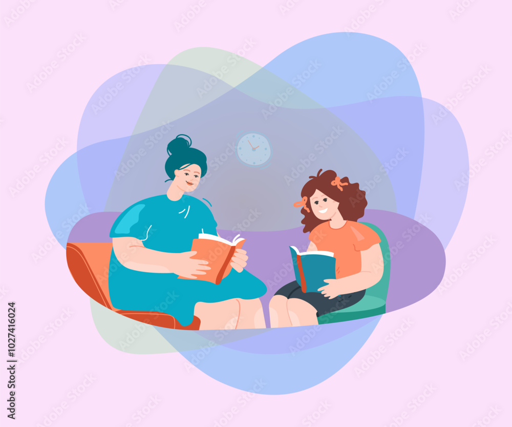 Mother and daughter reading book flat vector illustration. Mom studying with kid. Education, family, knowledge, motherhood, happiness concept for banner, website design or landing web page Mother and daughter reading book flat vector illustration. Mom studying with kid. Education, family, knowledge, motherhood, happiness concept for banner, website design or landing web page