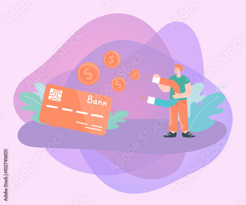 Man stealing money from credit card using magnet. Criminal attracting gold coins from bank account flat vector illustration. Banking, security, crime concept for banner, website design or landing page