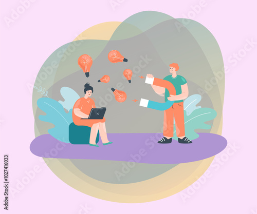 Office worker stealing ideas from colleague with magnet. Woman with laptop, man attracting lightbulbs with magnet flat vector illustration. Creativity, plagiarism concept for banner or landing page