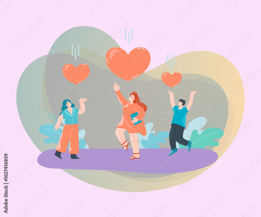 People catching hearts falling from sky flat vector illustration. Happy male and female characters receiving support and love. Togetherness, care concept for banner, website design or landing web page People catching hearts falling from sky flat vector illustration. Happy male and female characters receiving support and love. Togetherness, care concept for banner, website design or landing web page