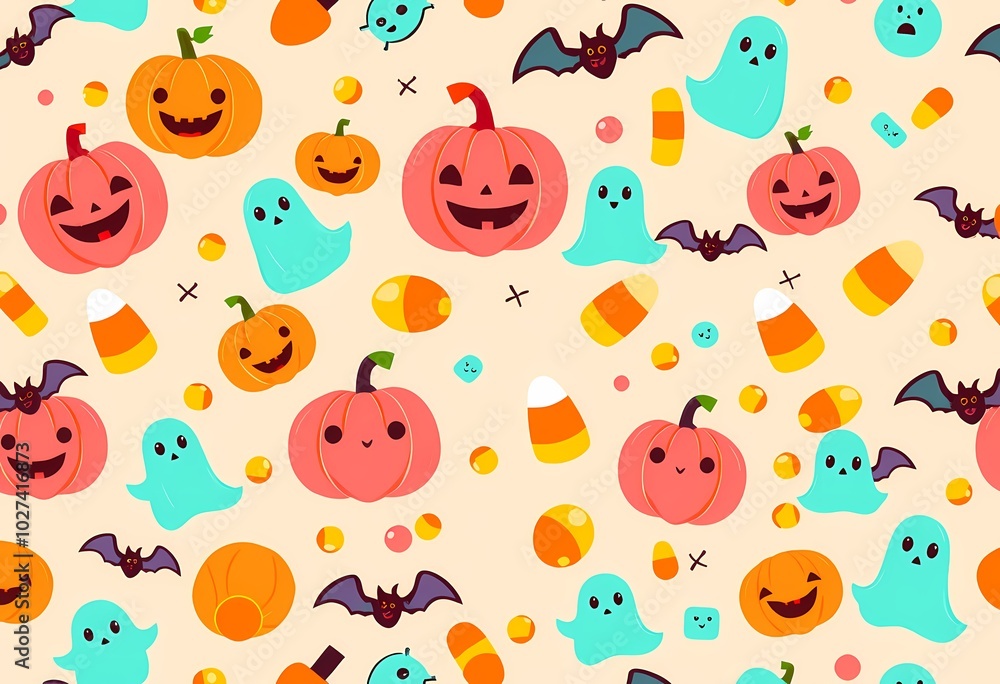Cute Halloween Seamless Pattern with Pumpkins, Ghosts, Bats, and Candy Corn Cute Halloween Seamless Pattern with Pumpkins, Ghosts, Bats, and Candy Corn