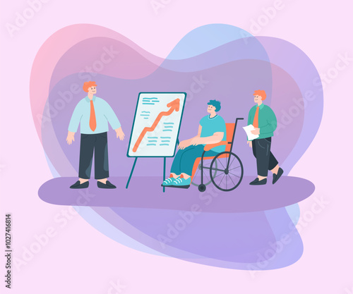 Office workers showing presentation or chart man on wheelchair. Employee with physical disability flat vector illustration. Disability, accessibility, business concept for banner or landing web page