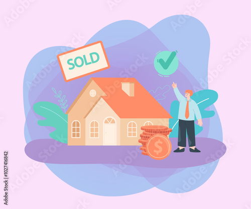 Realtor standing next to sold house and stack of coins. Estate agent selling property flat vector illustration. Real estate, investment concept for banner, website design or landing web page