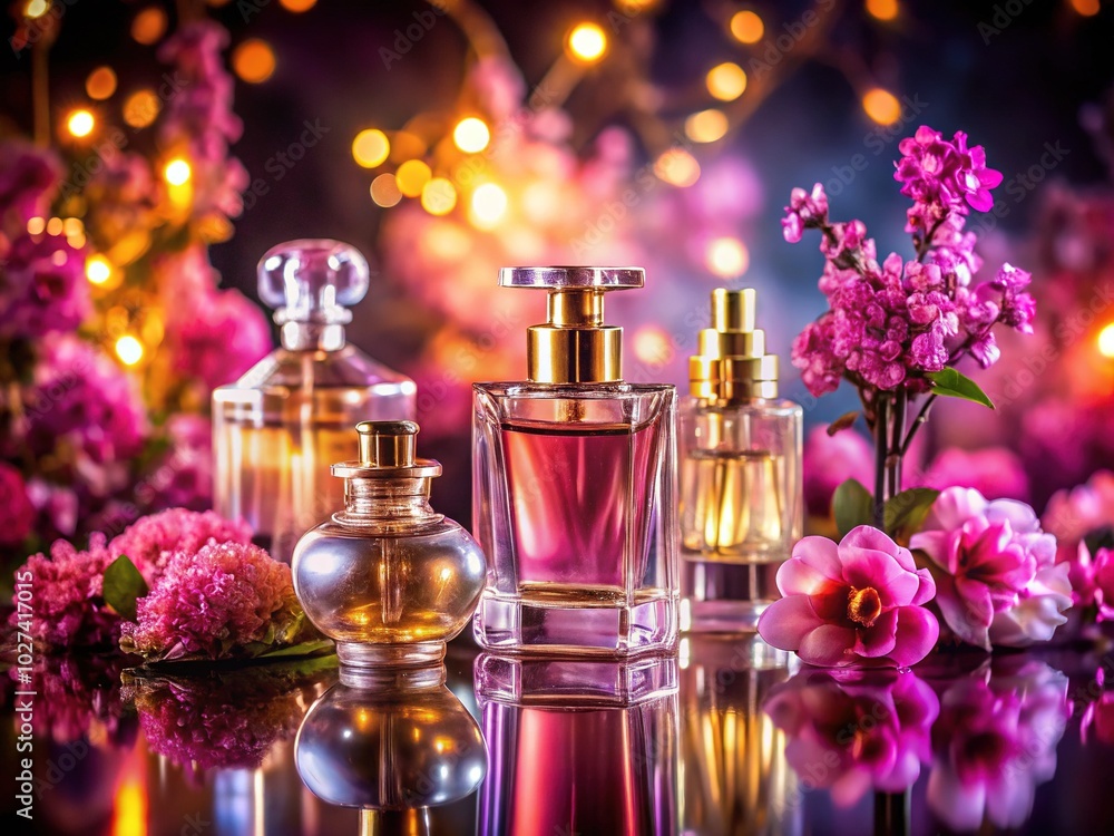 Elegant Night Photography of Perfume Bottles on Floral Background Elegant Night Photography of Perfume Bottles on Floral Background