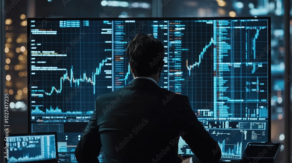 Business Executive Analyzing Financial Data on Screens Business Executive Analyzing Financial Data on Screens