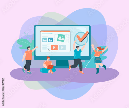 Tiny content creators with checkmark and huge computer screen. Creative business people adding information to website flat vector illustration. Content, marketing, creativity concept for banner