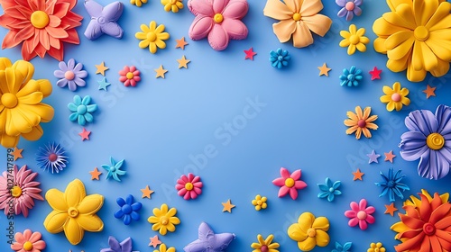 A colorful frame of playdough flowers and stars on a blue background.