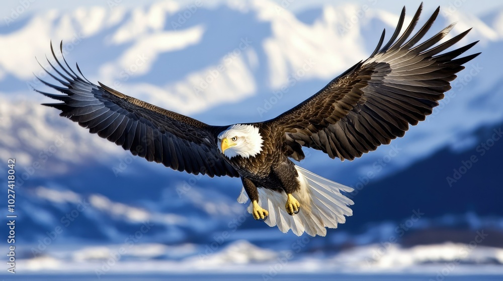 Majestic Eagle in Flight Over Snowy Mountains