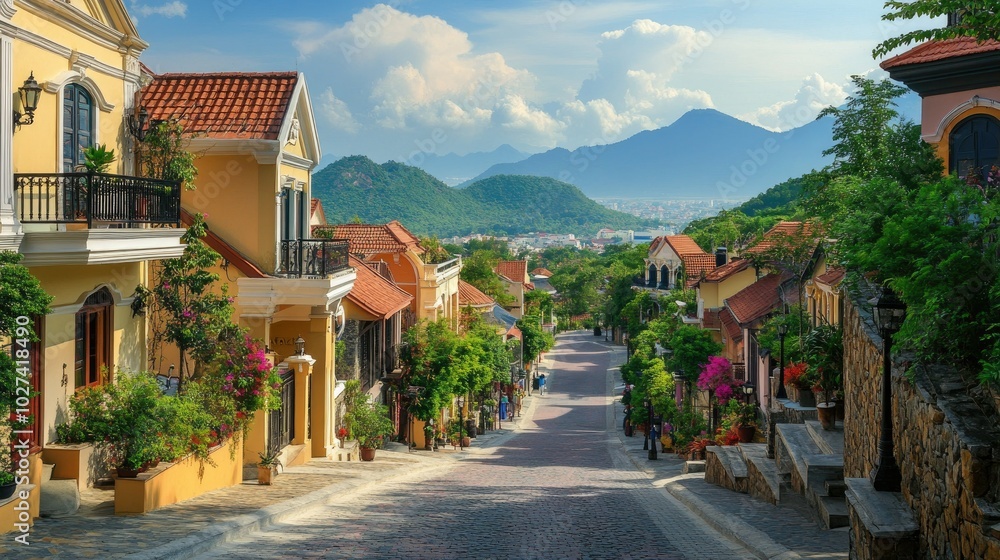 Scenic Village Street with Mountains and Blue Sky Scenic Village Street with Mountains and Blue Sky