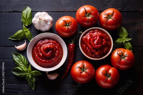 Two bowls of ketchup with tomatoes 