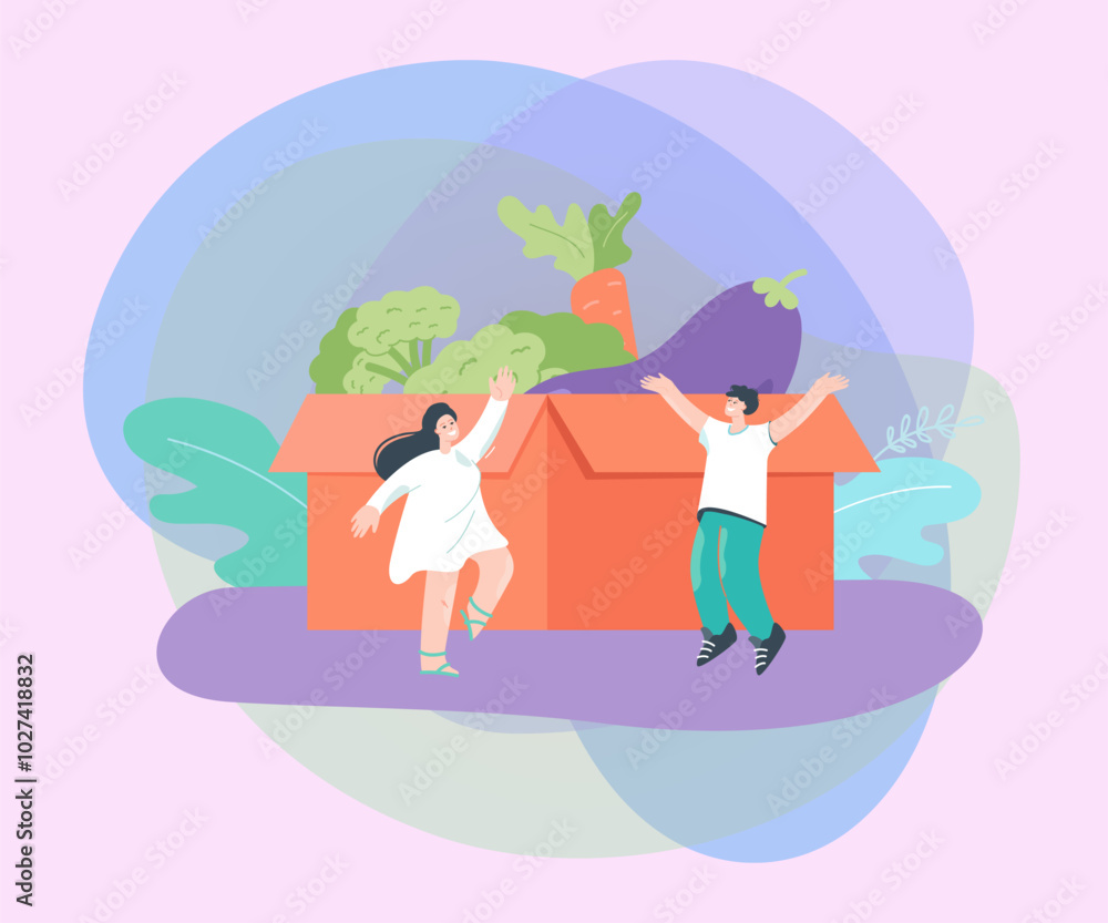 Tiny people near huge box of vegetables flat vector illustration. Fresh organic broccoli, eggplant and carrot. Nutrition, grocery, health concept for banner, website design or landing web page Tiny people near huge box of vegetables flat vector illustration. Fresh organic broccoli, eggplant and carrot. Nutrition, grocery, health concept for banner, website design or landing web page