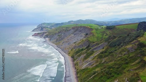 Aerial view of the Flysch Begiratokia is part of the basque coast. Deba, Gipuzkoa, Spain. photo