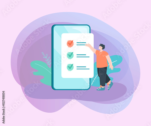 Tiny worker showing checklist on huge phone screen. Man with list of tasks or requirements flat vector illustration. Time management, organization, employment concept for banner or landing web page