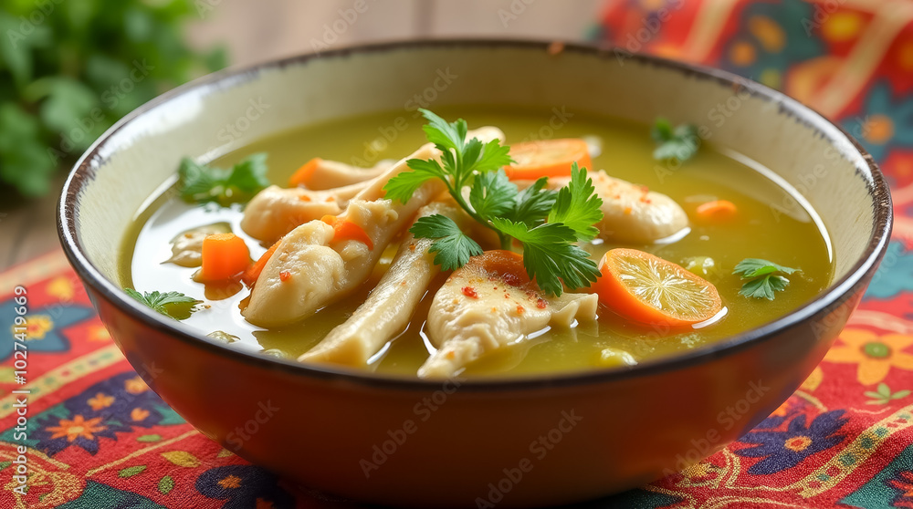 A delicious bowl of chicken soup features tender chicken pieces, vibrant carrots, and rich broth, garnished with fresh cilantro and lemon, creating a perfect comfort dish A delicious bowl of chicken soup features tender chicken pieces, vibrant carrots, and rich broth, garnished with fresh cilantro and lemon, creating a perfect comfort dish