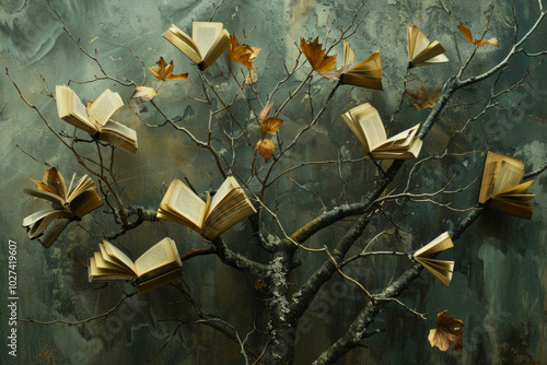 Withered fall tree with branches adorned by open books and dry leaves, symbolizing the stagnation or decay of education