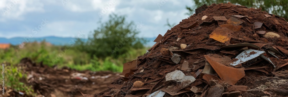 A large heap of rusted metal scraps is captured in a natural setting with cloudy skies, showcasing the theme of waste and decay amid nature's backdrop. A large heap of rusted metal scraps is captured in a natural setting with cloudy skies, showcasing the theme of waste and decay amid nature's backdrop.