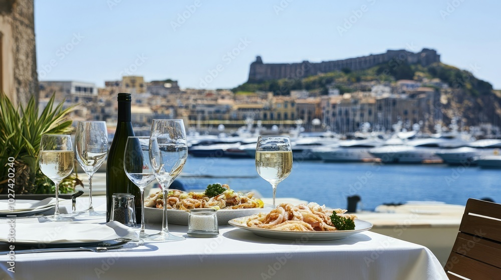 Fototapeta premium Scenic Dining by the Water with Gourmet Seafood