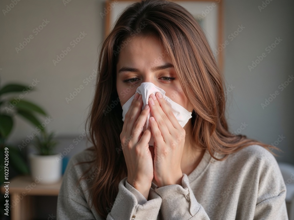 Person with concerned expression blowing nose into tissue against blurred background Person with concerned expression blowing nose into tissue against blurred background