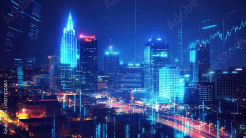 Wallpaper Mural Night Cityscape with Digital Effects and Blue Lights Torontodigital.ca