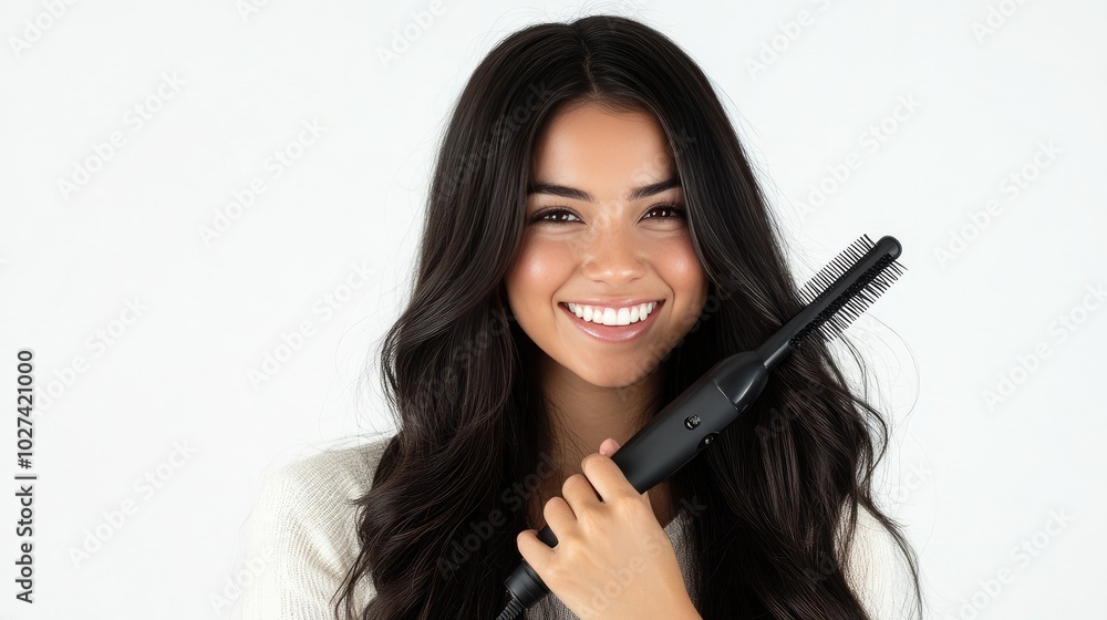 Smiling Woman Holding Hair Styling Tool Smiling Woman Holding Hair Styling Tool