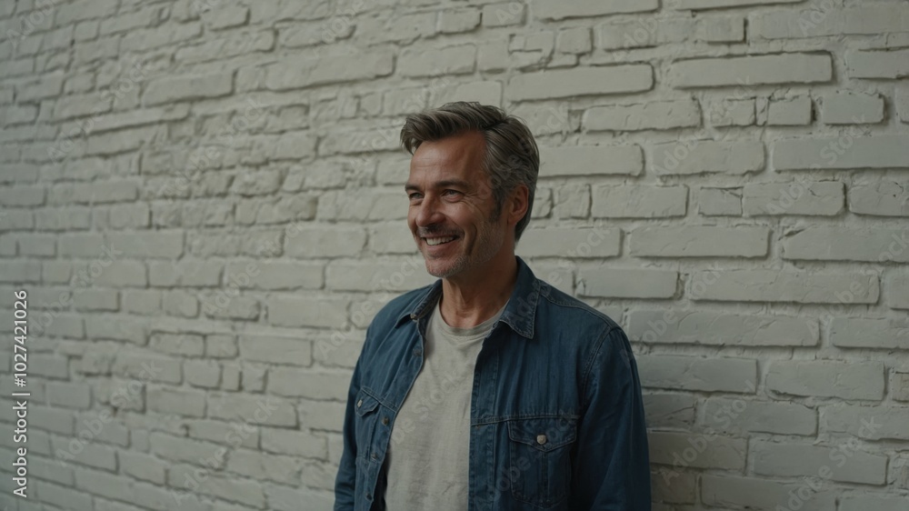 Middle-aged man smiles confidently while posing against a textured white brick wall in a casual setting Middle-aged man smiles confidently while posing against a textured white brick wall in a casual setting
