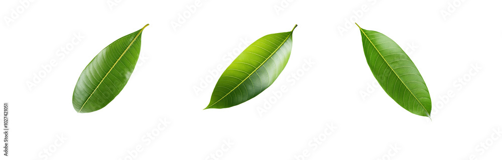 Obraz premium Three isolated green leaves on a white background.