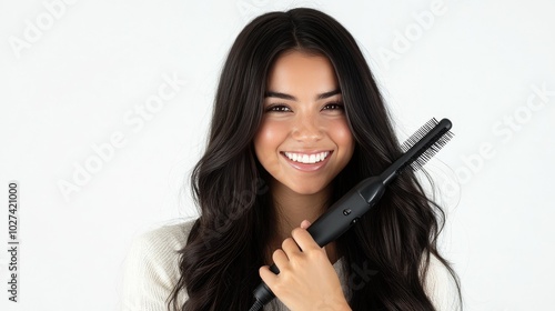 Smiling Woman Holding Hair Styling Tool