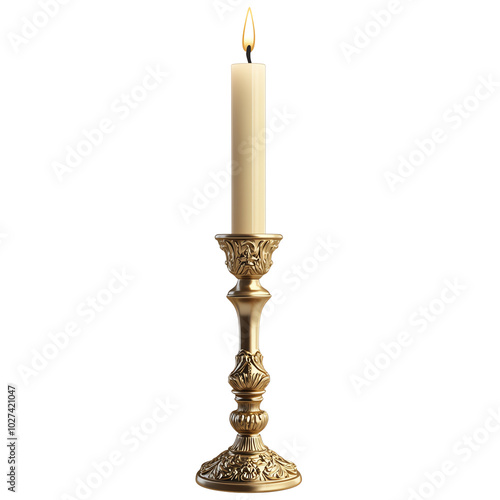 A single candle burning on a golden candlestick.