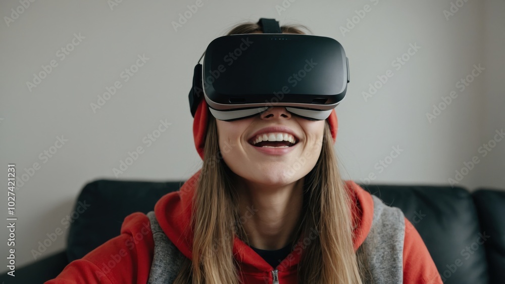 A young woman enjoys an immersive virtual reality experience while sitting on a couch indoors during a cozy afternoon A young woman enjoys an immersive virtual reality experience while sitting on a couch indoors during a cozy afternoon