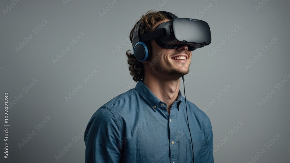 Person enjoying virtual reality experience indoors, wearing headset and headphones, smiling, with soft lighting and gray wall background Person enjoying virtual reality experience indoors, wearing headset and headphones, smiling, with soft lighting and gray wall background