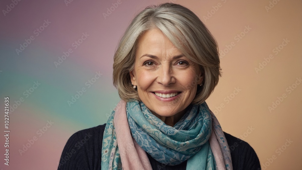 A smiling older woman dressed warmly with a colorful scarf against a softly gradient background in a studio setting A smiling older woman dressed warmly with a colorful scarf against a softly gradient background in a studio setting