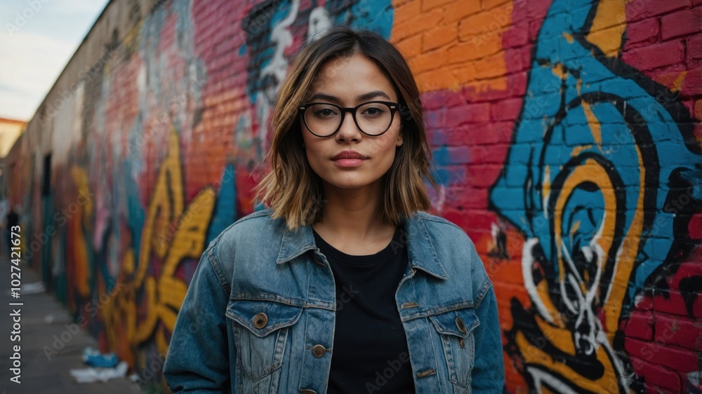 Naklejka premium A young woman with glasses standing confidently in front of a vibrant graffiti wall during late afternoon sunlight in an urban setting