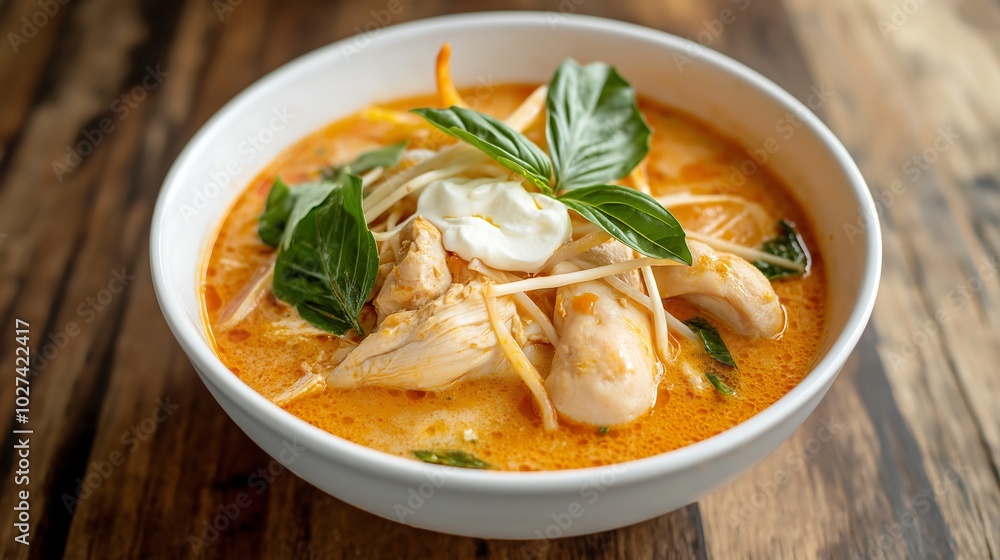 A bowl of red coconut milk chicken panang with green leaves and white cream on top A bowl of red coconut milk chicken panang with green leaves and white cream on top