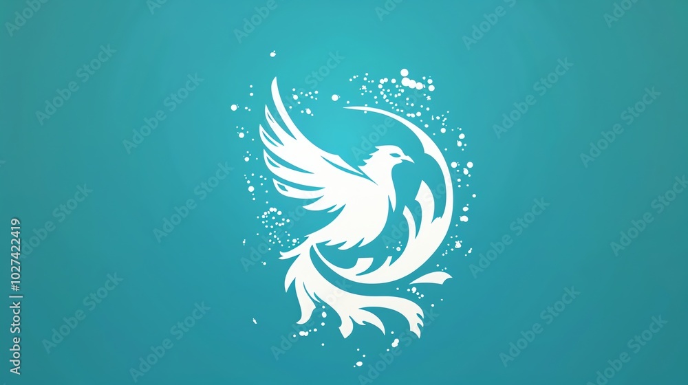 A white stylized bird, possibly a phoenix, is flying within a white circular shape on a blue background. A white stylized bird, possibly a phoenix, is flying within a white circular shape on a blue background.