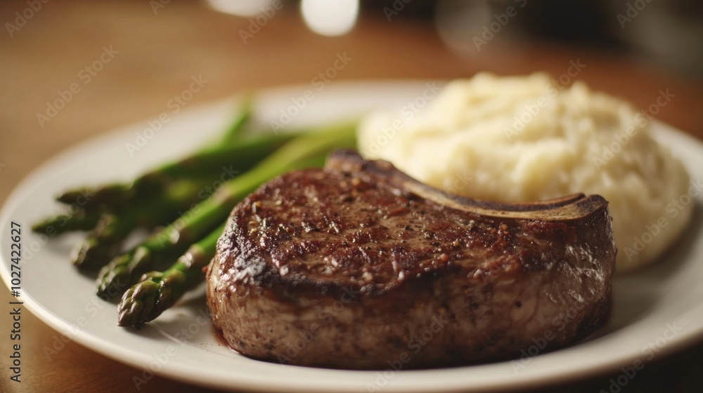 A juicy steak with mashed potatoes and asparagus on a white plate. A juicy steak with mashed potatoes and asparagus on a white plate.
