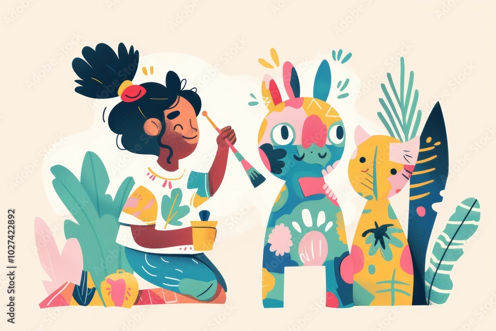 Creative child painting colorful animals in vibrant jungle setting Creative child painting colorful animals in vibrant jungle setting