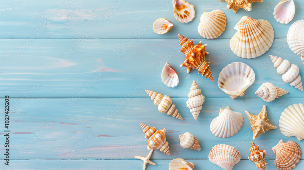 Seashells Summer Paradise: A collection of seashells arranged on a light blue wooden background, creating a vibrant summery scene. Perfect for travel, vacation, or beach-themed projects. Seashells Summer Paradise: A collection of seashells arranged on a light blue wooden background, creating a vibrant summery scene. Perfect for travel, vacation, or beach-themed projects.