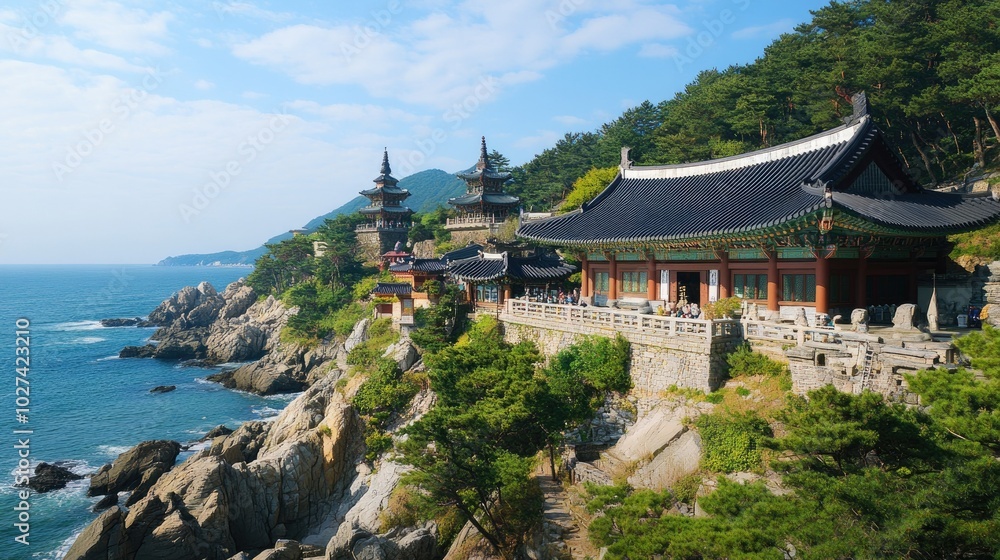 Serene Coastal Temple with Lush Greenery and Blue Sea Serene Coastal Temple with Lush Greenery and Blue Sea