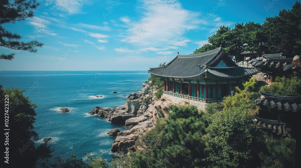 Scenic Coastal View with Traditional Asian Architecture Scenic Coastal View with Traditional Asian Architecture