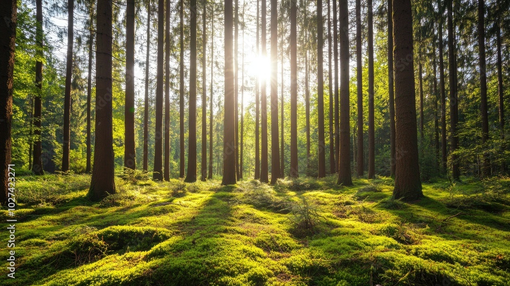 Obraz premium Sunlight Filtering Through Lush Green Forest Trees