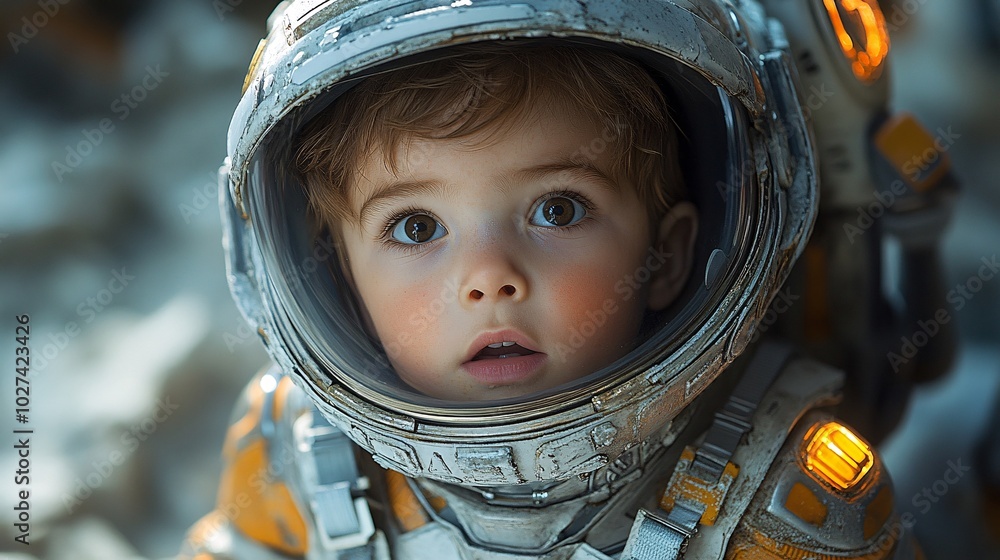 Cute Child in Space Suit Wondering at the Universe Cute Child in Space Suit Wondering at the Universe