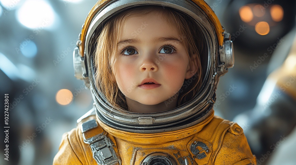 Baby in a Yellow Space Suit Looking Upwards Baby in a Yellow Space Suit Looking Upwards