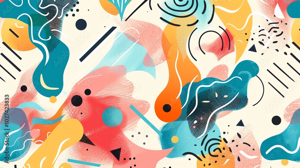 Fototapeta premium An abstract pattern with colorful shapes, lines, and dots.