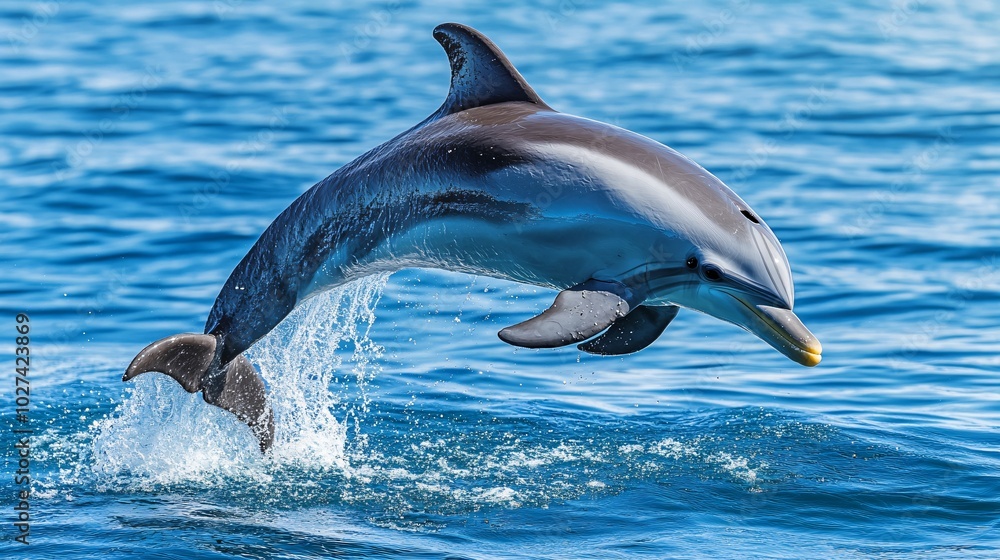 Naklejka premium A striped dolphin leaps out of the water, creating a spray of water.