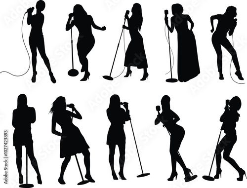 Set of female singer silhouette illustration. Women sing pose full body in black