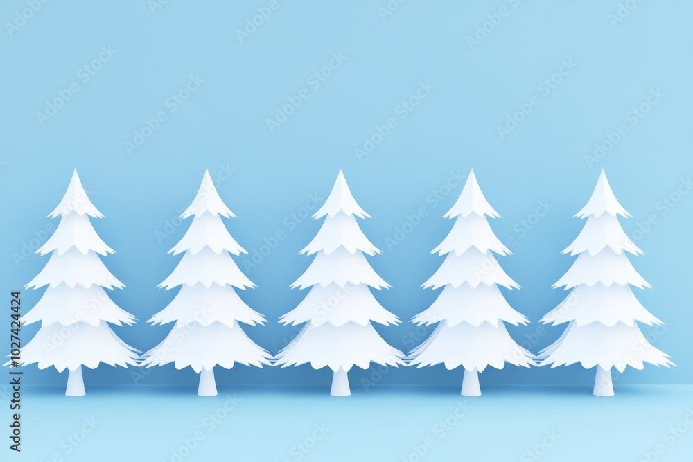Fototapeta premium A row of five white artificial Christmas trees stands against a soft blue backdrop, adding a festive touch to the space