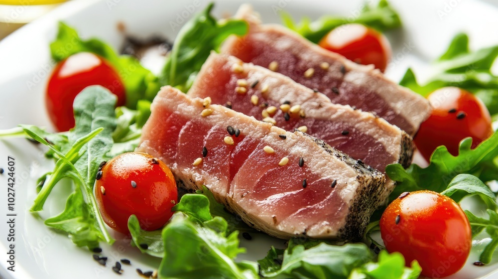 Fresh Seared Tuna with Cherry Tomatoes and Greens Fresh Seared Tuna with Cherry Tomatoes and Greens