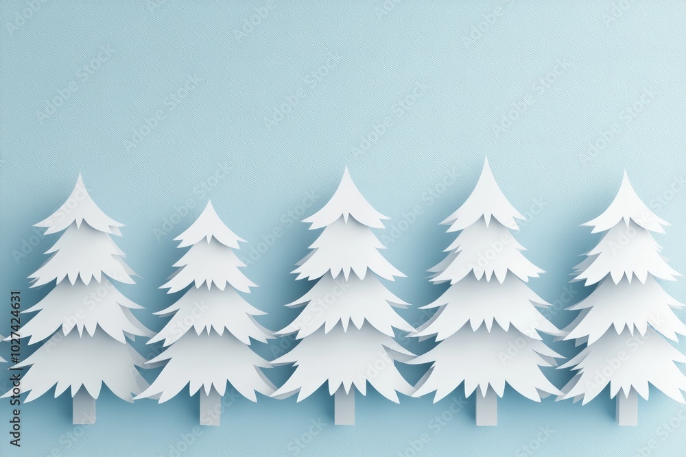 Obraz premium A beautifully arranged row of white paper trees creates a calm, festive atmosphere against a pastel blue backdrop
