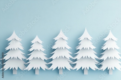 A beautifully arranged row of white paper trees creates a calm, festive atmosphere against a pastel blue backdrop