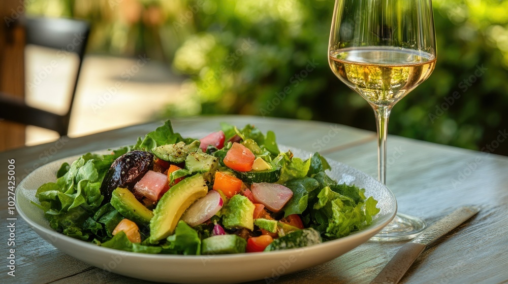 Fresh Salad with Avocado and White Wine Glass Fresh Salad with Avocado and White Wine Glass